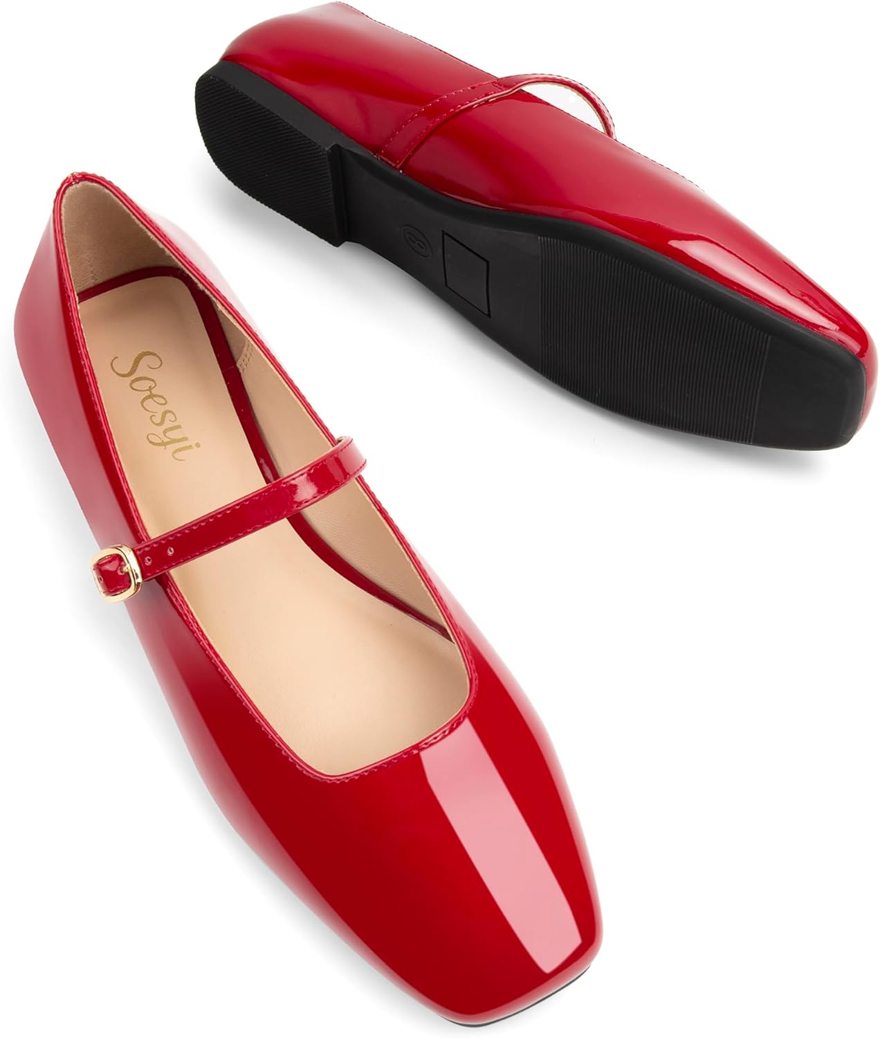 Soesyi Women's Mary Jane Ballet Flats Square Toe Ankle Strap Shoes for Women Adjustable Buckle Soft Dressy Party Wedding - Image 4