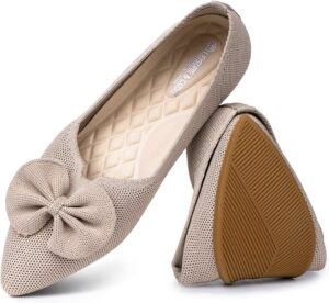 Women's Pointed Toe Ballet Flats with Bow | Comfortable Knit Dressy Shoes for Women | Casual Work Business Office Slip-on Flats