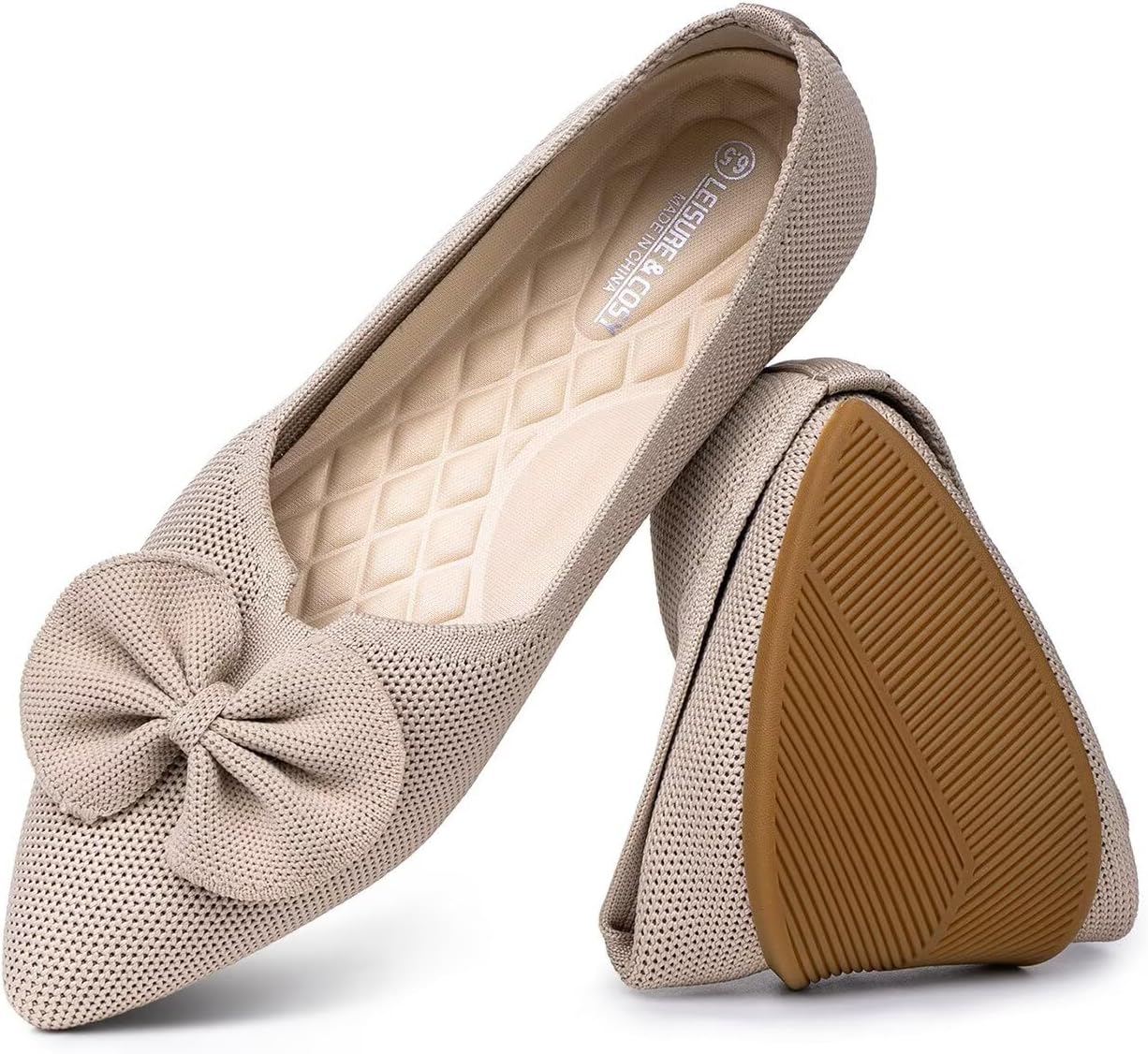 Women's Pointed Toe Ballet Flats with Bow | Comfortable Knit Dressy Shoes for Women | Casual Work Business Office Slip-on Flats
