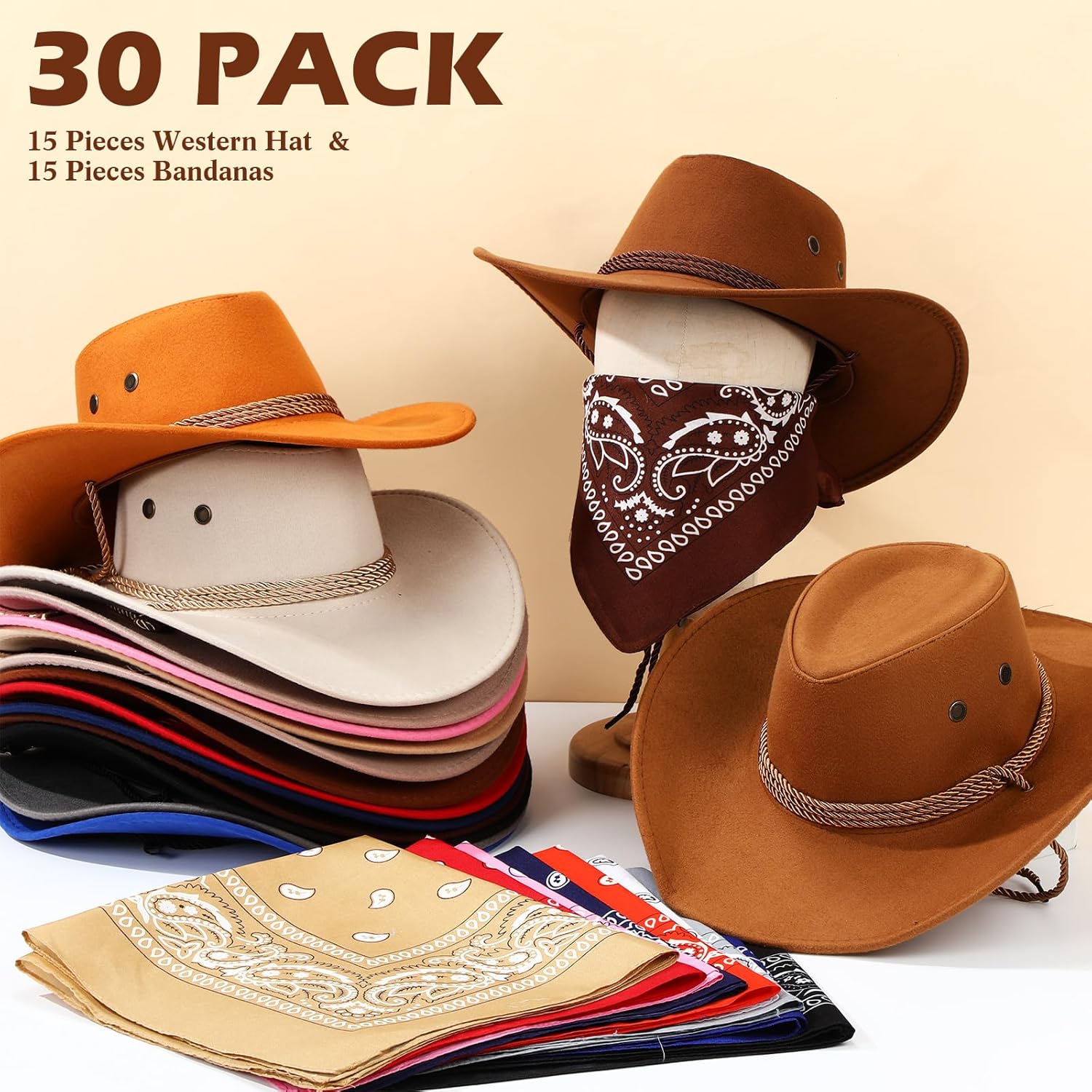 30 pieces western cowboy hat costume accessories paisley bandanna set cowgirl hats bulk for adult women men dress party