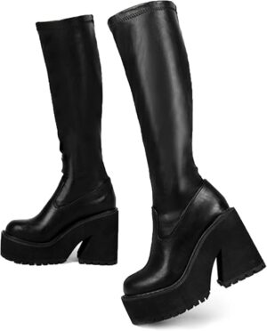 Womens Elastic Knee High Platform Chunky Block High Heel Sock Boots Zipper Round Toe Fashion Motorcycle Combat Punk Boots For Women