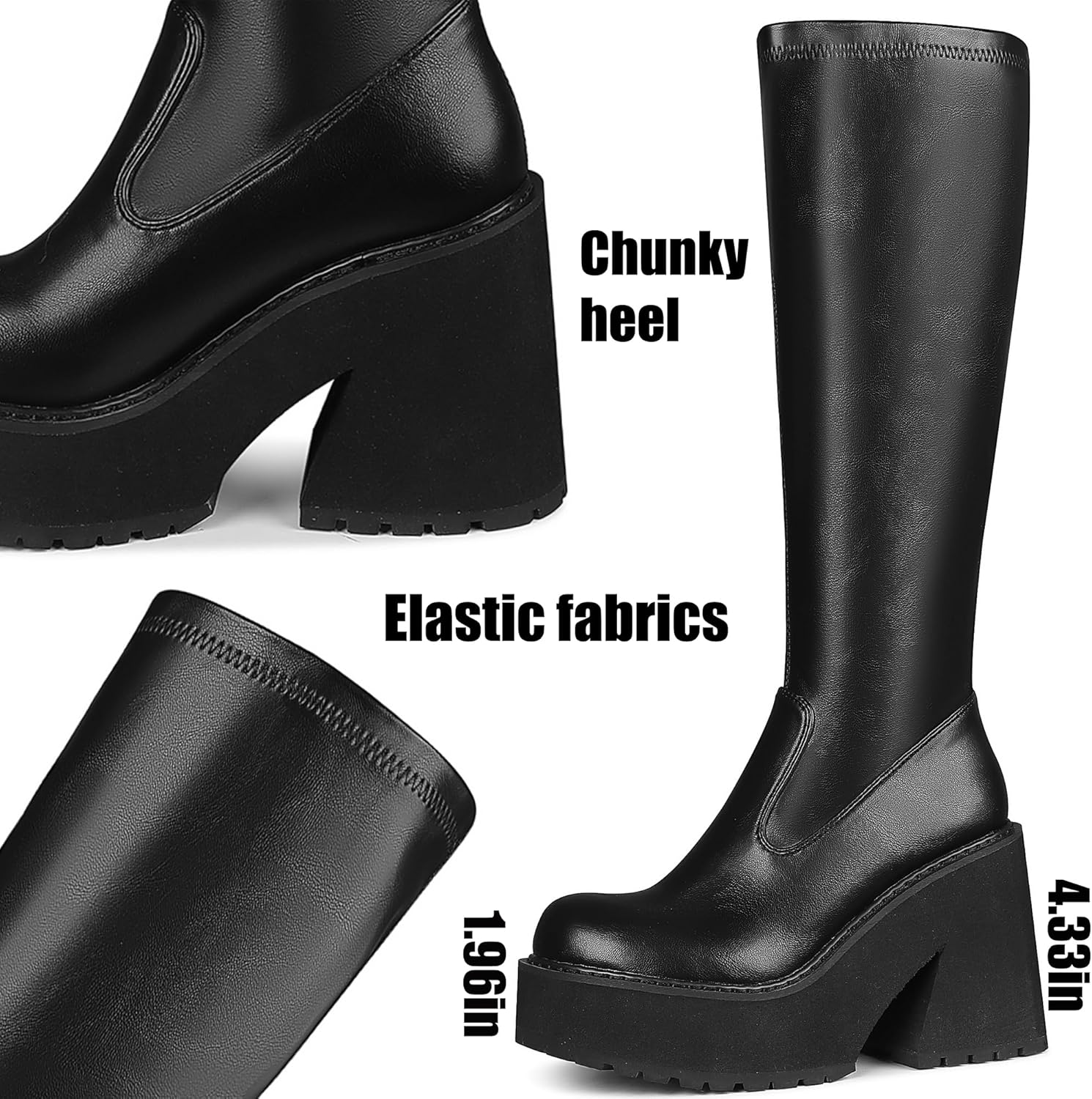 Womens Elastic Knee High Platform Chunky Block High Heel Sock Boots Zipper Round Toe Fashion Motorcycle Combat Punk Boots For Women - Image 4