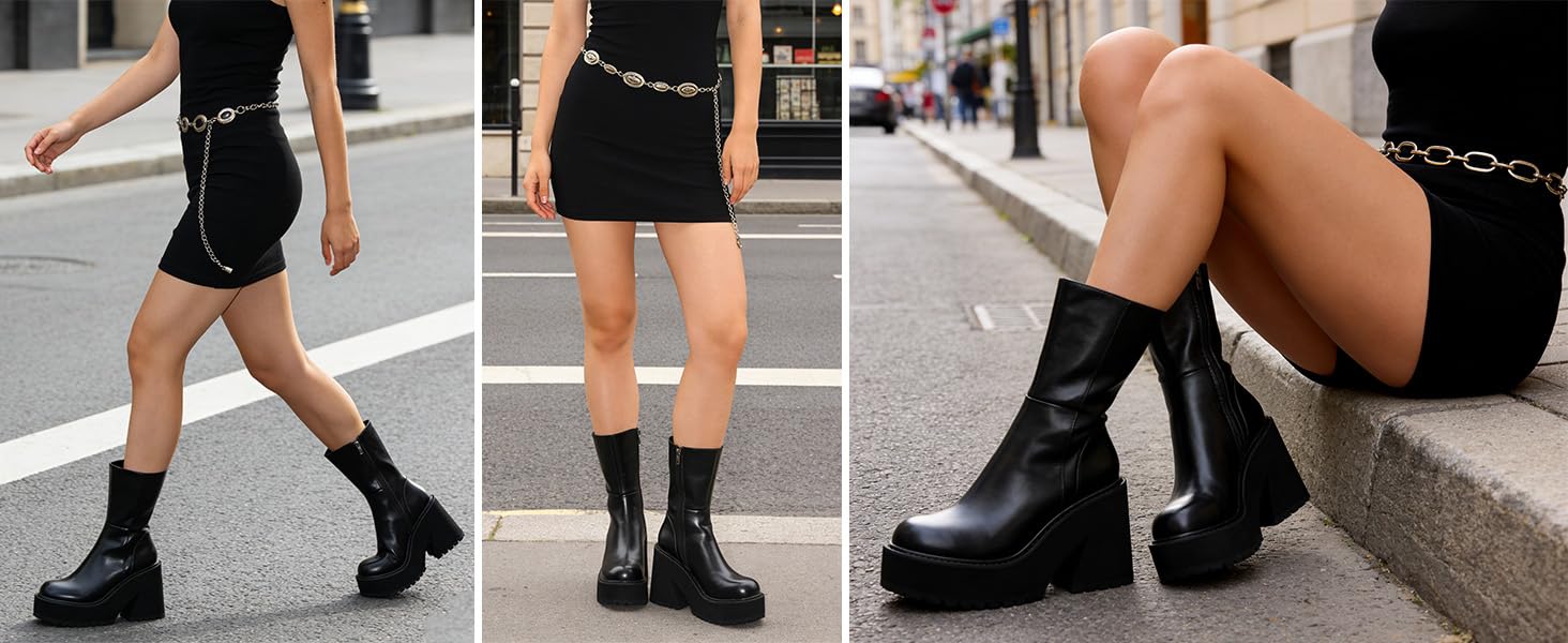 Womens_Wedge_Heel_Ankle_Boots_Platform_Zipper_Punk_image_136 Womens Wedge Heel Ankle Boots Platform Zipper Punk Motorcycle Booties Chunky Block High Heel Round Toe Fashion Work Combat Boots Mid Calf For Women - Image 9